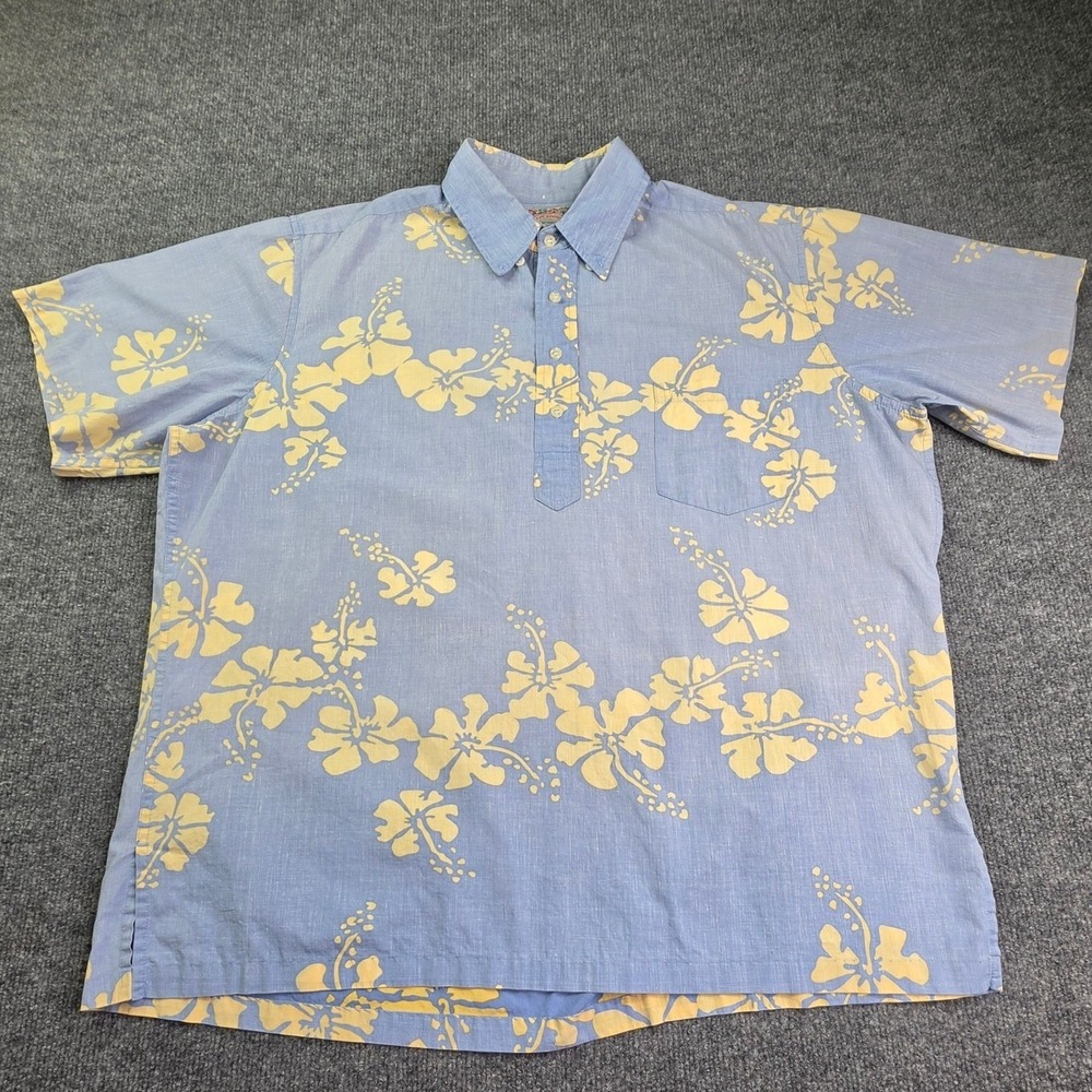 Reyn Spooner Shirt Mens XL Blue Yellow Hibiscus Floral Popover Hawaiian Cotton